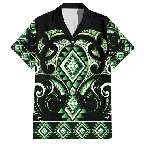 Green Ngaru Taniko With Aotearoa Maori Tattoo Family Matching Off The Shoulder Long Sleeve Dress and Hawaiian Shirt