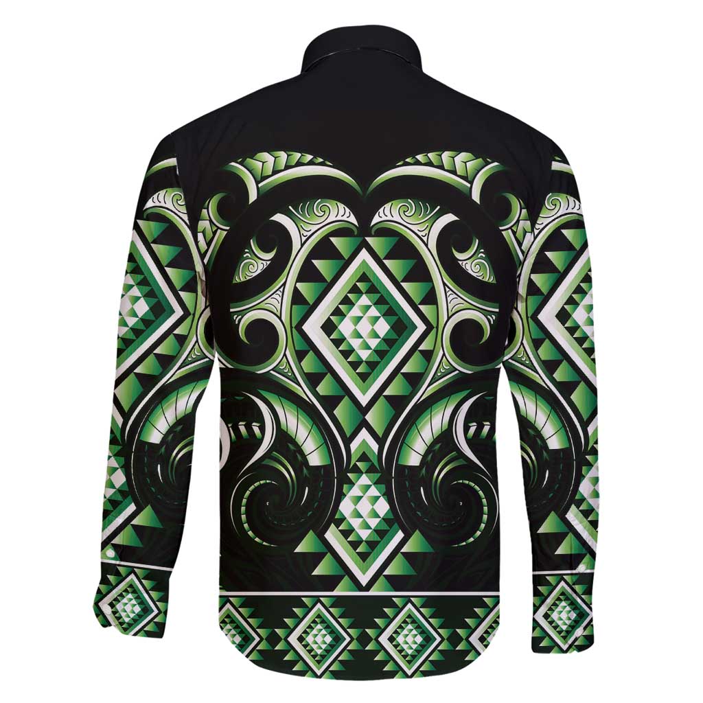 Green Ngaru Taniko With Aotearoa Maori Tattoo Family Matching Off Shoulder Maxi Dress and Hawaiian Shirt