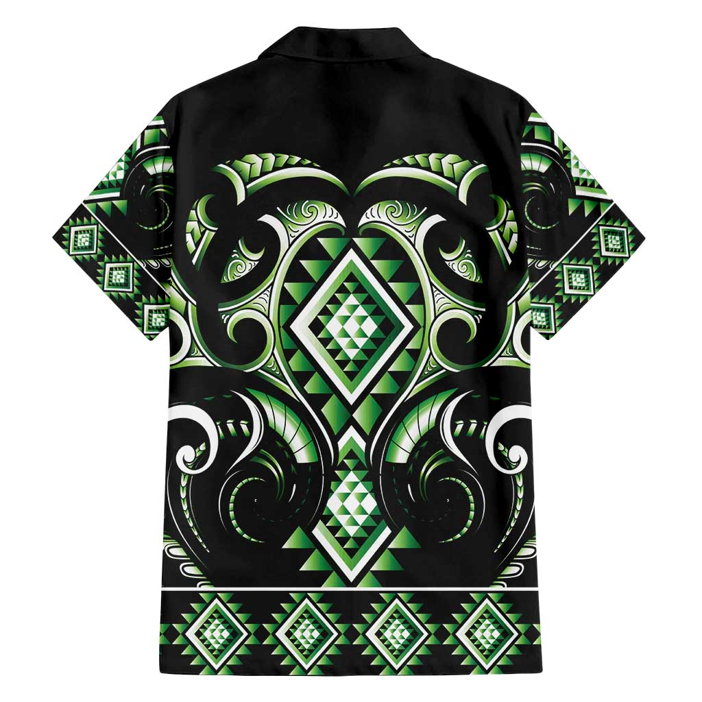 Green Ngaru Taniko With Aotearoa Maori Tattoo Family Matching Off Shoulder Short Dress and Hawaiian Shirt