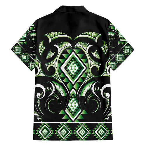 Green Ngaru Taniko With Aotearoa Maori Tattoo Family Matching Off Shoulder Short Dress and Hawaiian Shirt