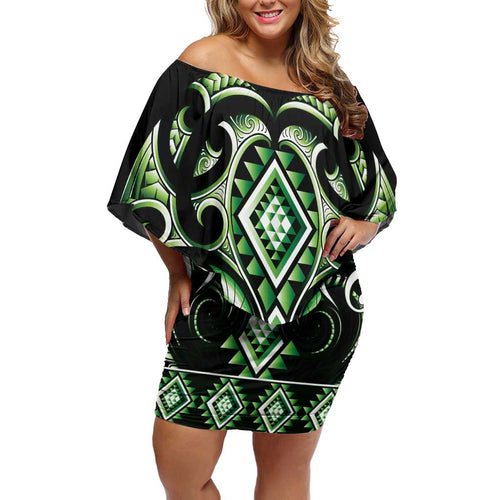 Green Ngaru Taniko With Aotearoa Maori Tattoo Family Matching Off Shoulder Short Dress and Hawaiian Shirt