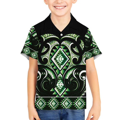Green Ngaru Taniko With Aotearoa Maori Tattoo Family Matching Off Shoulder Short Dress and Hawaiian Shirt