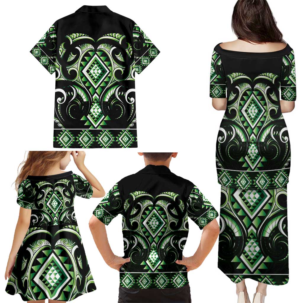 Green Ngaru Taniko With Aotearoa Maori Tattoo Family Matching Puletasi and Hawaiian Shirt