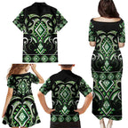 Green Ngaru Taniko With Aotearoa Maori Tattoo Family Matching Puletasi and Hawaiian Shirt