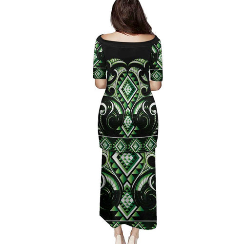 Green Ngaru Taniko With Aotearoa Maori Tattoo Family Matching Puletasi and Hawaiian Shirt