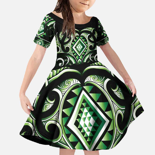 Green Ngaru Taniko With Aotearoa Maori Tattoo Family Matching Short Sleeve Bodycon Dress and Hawaiian Shirt