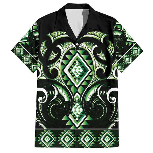 Green Ngaru Taniko With Aotearoa Maori Tattoo Family Matching Short Sleeve Bodycon Dress and Hawaiian Shirt