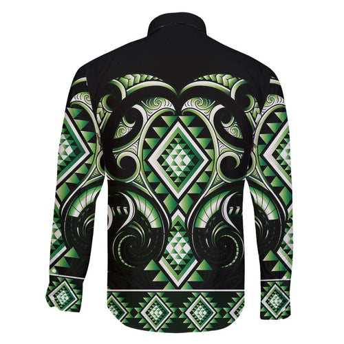 Green Ngaru Taniko With Aotearoa Maori Tattoo Family Matching Short Sleeve Bodycon Dress and Hawaiian Shirt