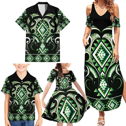 Green Ngaru Taniko With Aotearoa Maori Tattoo Family Matching Summer Maxi Dress and Hawaiian Shirt