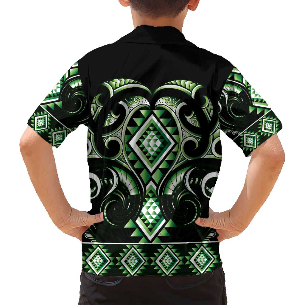 Green Ngaru Taniko With Aotearoa Maori Tattoo Family Matching Tank Maxi Dress and Hawaiian Shirt