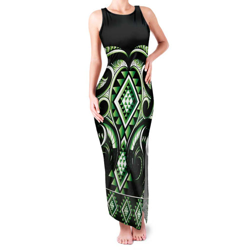 Green Ngaru Taniko With Aotearoa Maori Tattoo Family Matching Tank Maxi Dress and Hawaiian Shirt