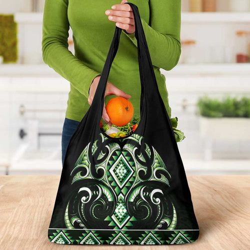 Green Ngaru Taniko With Aotearoa Maori Tattoo Grocery Bag