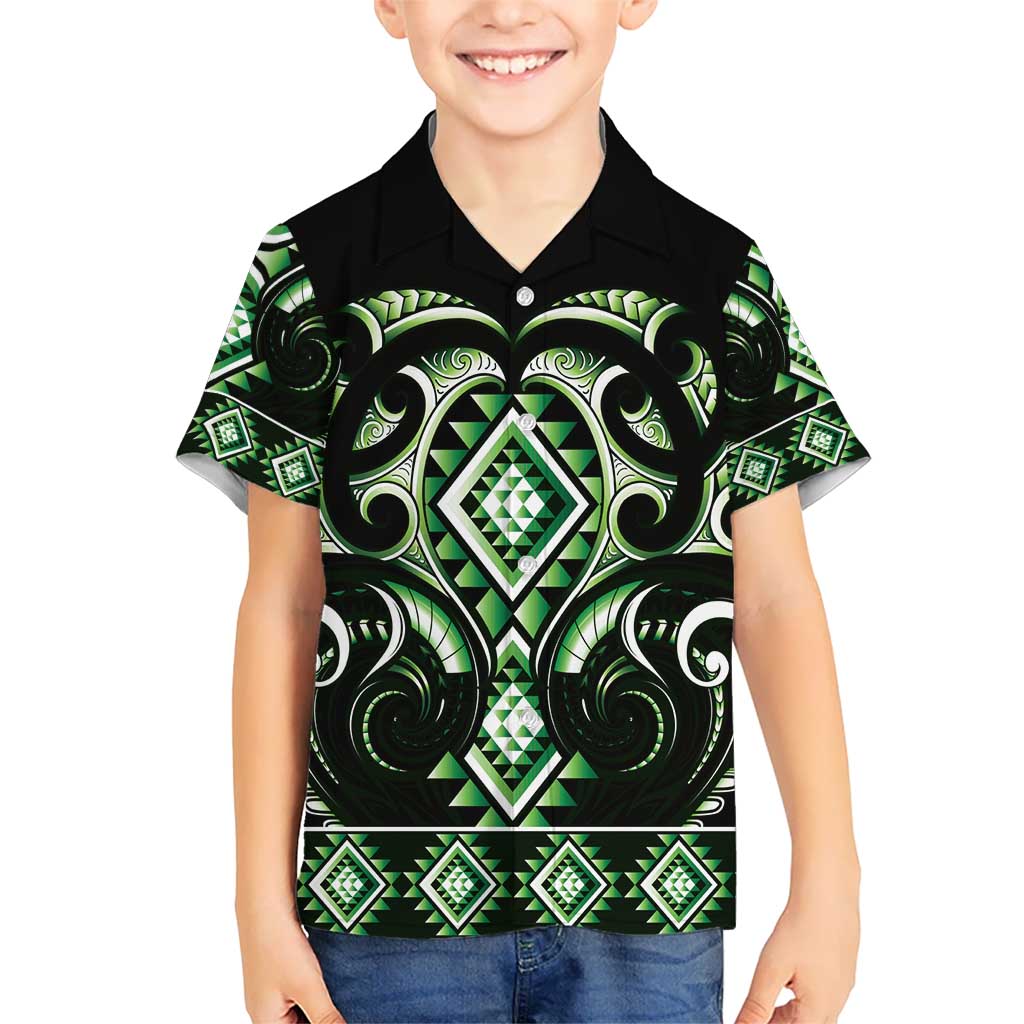 Green Ngaru Taniko With Aotearoa Maori Tattoo Kid Hawaiian Shirt