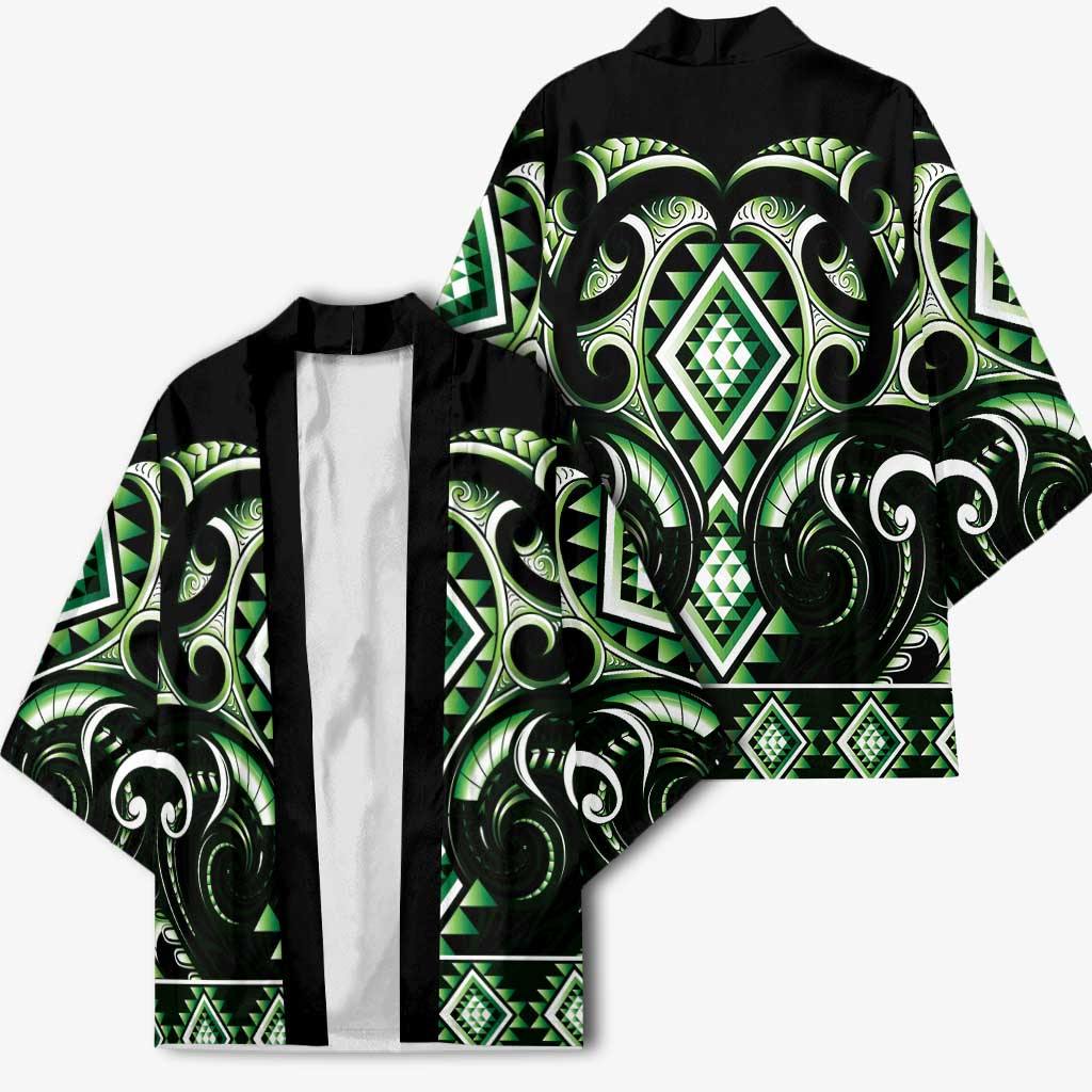 Green Ngaru Taniko With Aotearoa Maori Tattoo Kimono - Aussie Hoodie