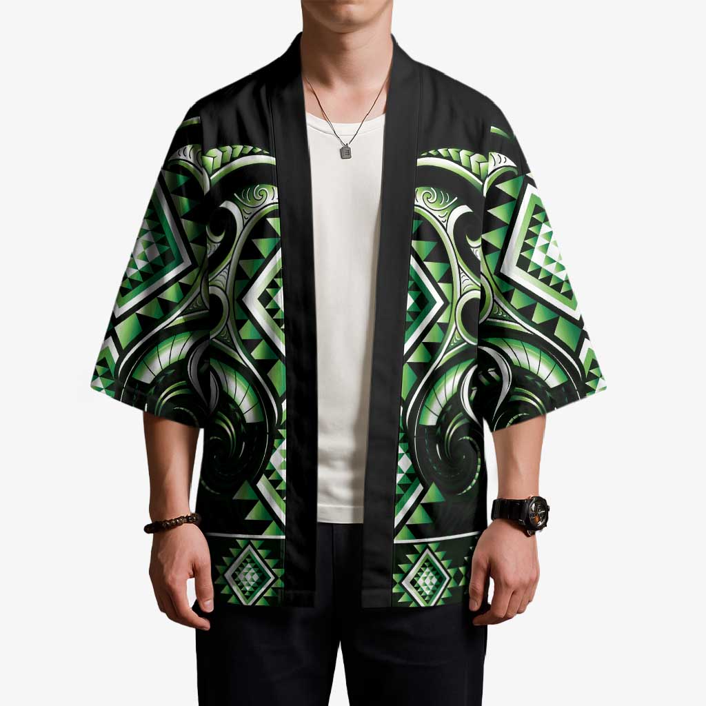Green Ngaru Taniko With Aotearoa Maori Tattoo Kimono - Aussie Hoodie