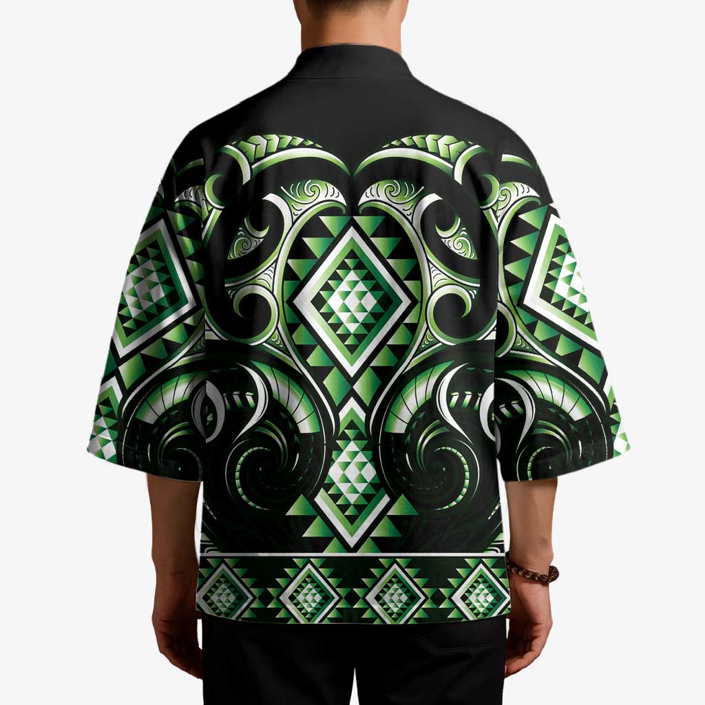 Green Ngaru Taniko With Aotearoa Maori Tattoo Kimono - Aussie Hoodie