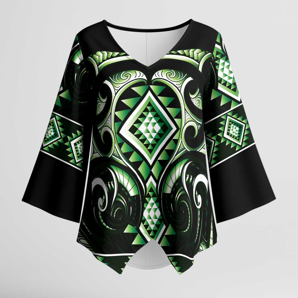 Green Ngaru Taniko With Aotearoa Maori Tattoo Kimono Sleeve Blouse - Aussie Hoodie