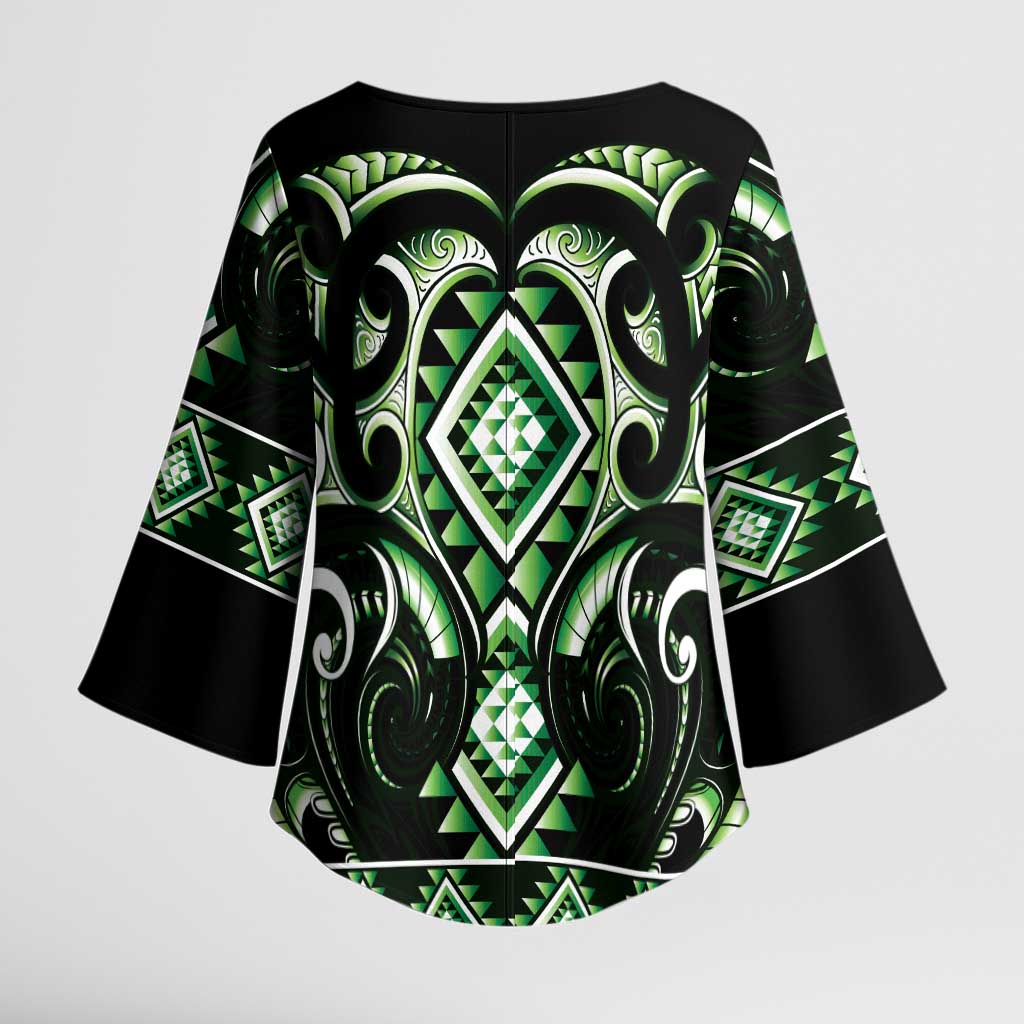 Green Ngaru Taniko With Aotearoa Maori Tattoo Kimono Sleeve Blouse - Aussie Hoodie