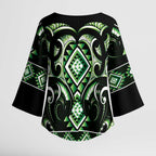 Green Ngaru Taniko With Aotearoa Maori Tattoo Kimono Sleeve Blouse - Aussie Hoodie