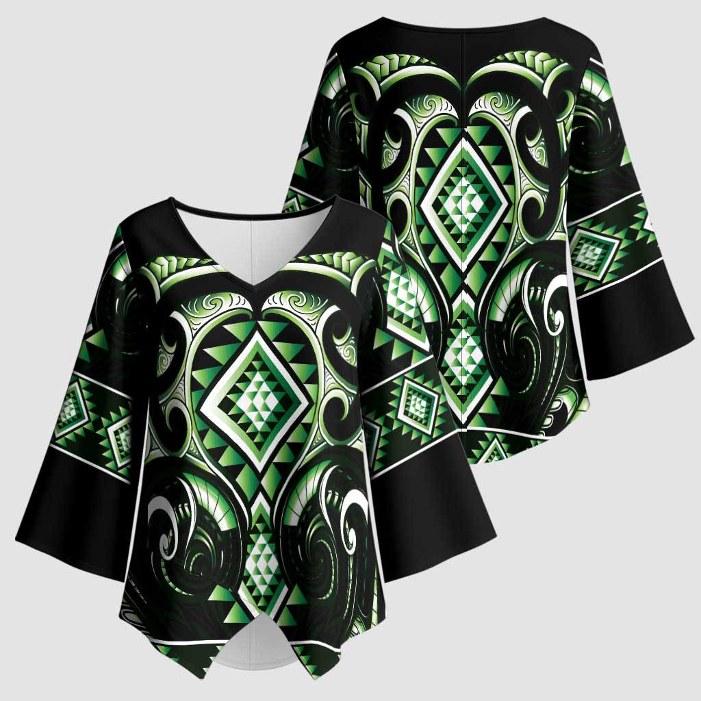 Green Ngaru Taniko With Aotearoa Maori Tattoo Kimono Sleeve Blouse - Aussie Hoodie
