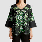Green Ngaru Taniko With Aotearoa Maori Tattoo Kimono Sleeve Blouse - Aussie Hoodie