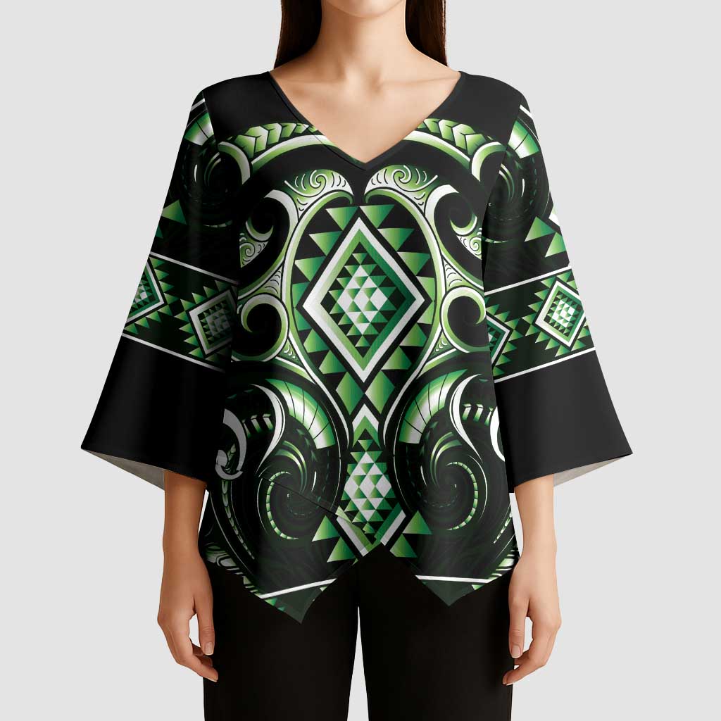 Green Ngaru Taniko With Aotearoa Maori Tattoo Kimono Sleeve Blouse - Aussie Hoodie