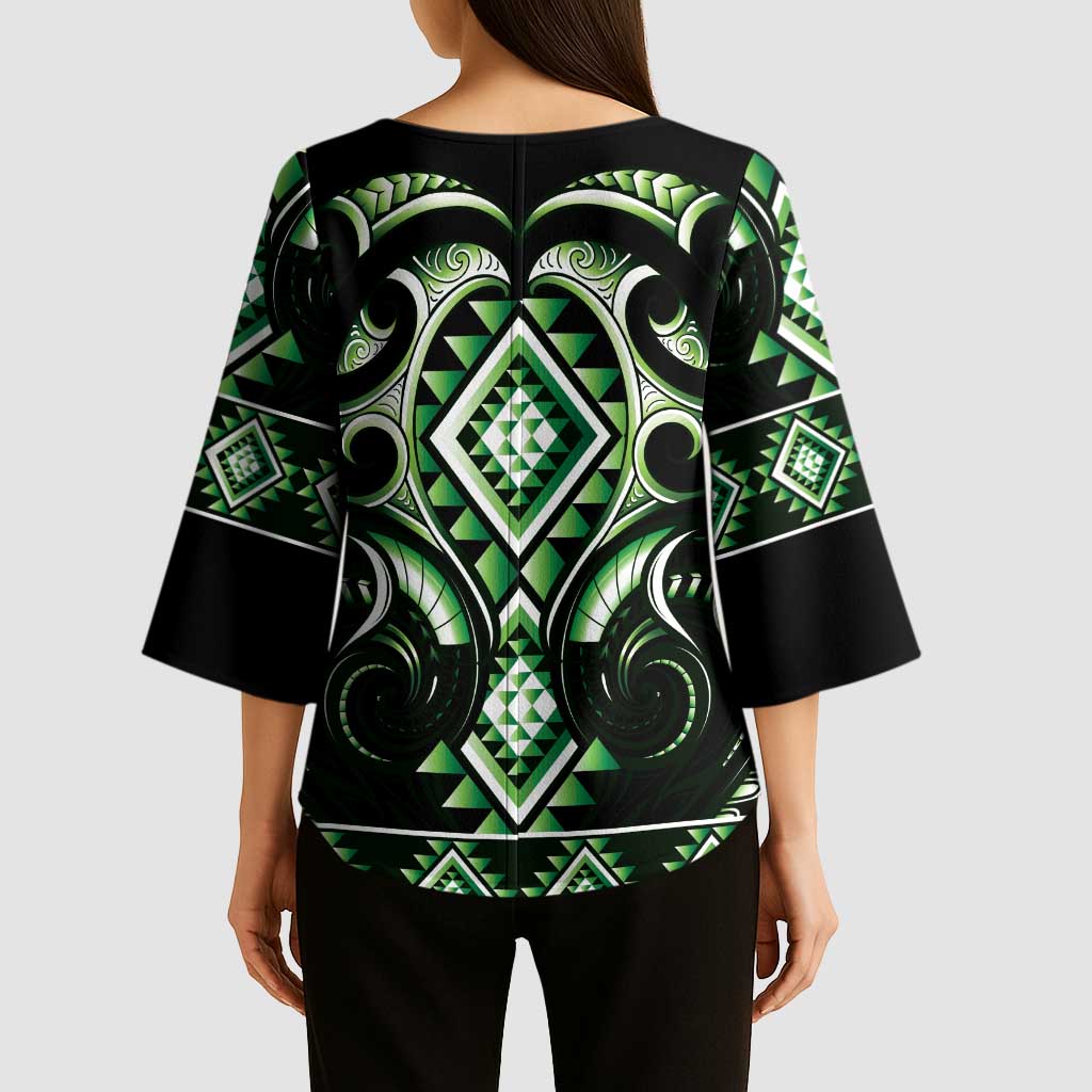 Green Ngaru Taniko With Aotearoa Maori Tattoo Kimono Sleeve Blouse - Aussie Hoodie
