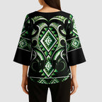 Green Ngaru Taniko With Aotearoa Maori Tattoo Kimono Sleeve Blouse - Aussie Hoodie