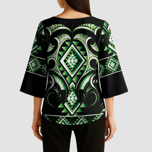 Green Ngaru Taniko With Aotearoa Maori Tattoo Kimono Sleeve Blouse - Aussie Hoodie