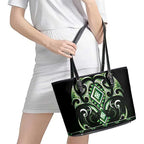Green Ngaru Taniko With Aotearoa Maori Tattoo Leather Tote Bag