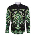 Green Ngaru Taniko With Aotearoa Maori Tattoo Long Sleeve Button Shirt