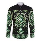 Green Ngaru Taniko With Aotearoa Maori Tattoo Long Sleeve Button Shirt