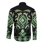 Green Ngaru Taniko With Aotearoa Maori Tattoo Long Sleeve Button Shirt