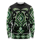 Green Ngaru Taniko With Aotearoa Maori Tattoo Long Sleeve Shirt