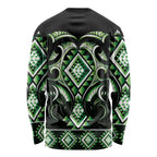 Green Ngaru Taniko With Aotearoa Maori Tattoo Long Sleeve Shirt