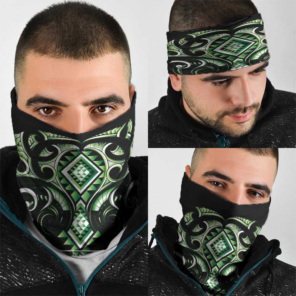 Green Ngaru Taniko With Aotearoa Maori Tattoo Neck Gaiter - Aussie Hoodie