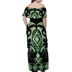 Green Ngaru Taniko With Aotearoa Maori Tattoo Off Shoulder Maxi Dress
