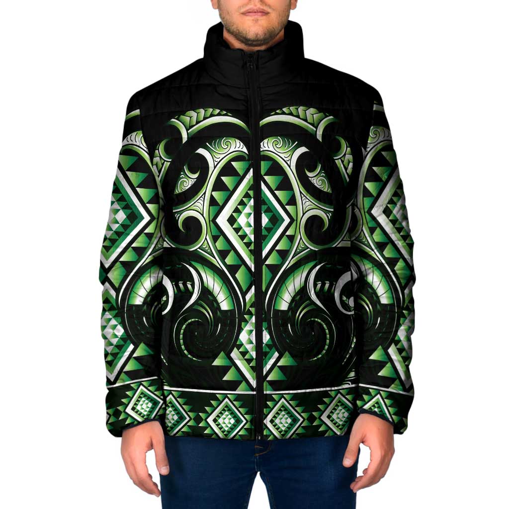 Green Ngaru Taniko With Aotearoa Maori Tattoo Padded Jacket - Aussie Hoodie