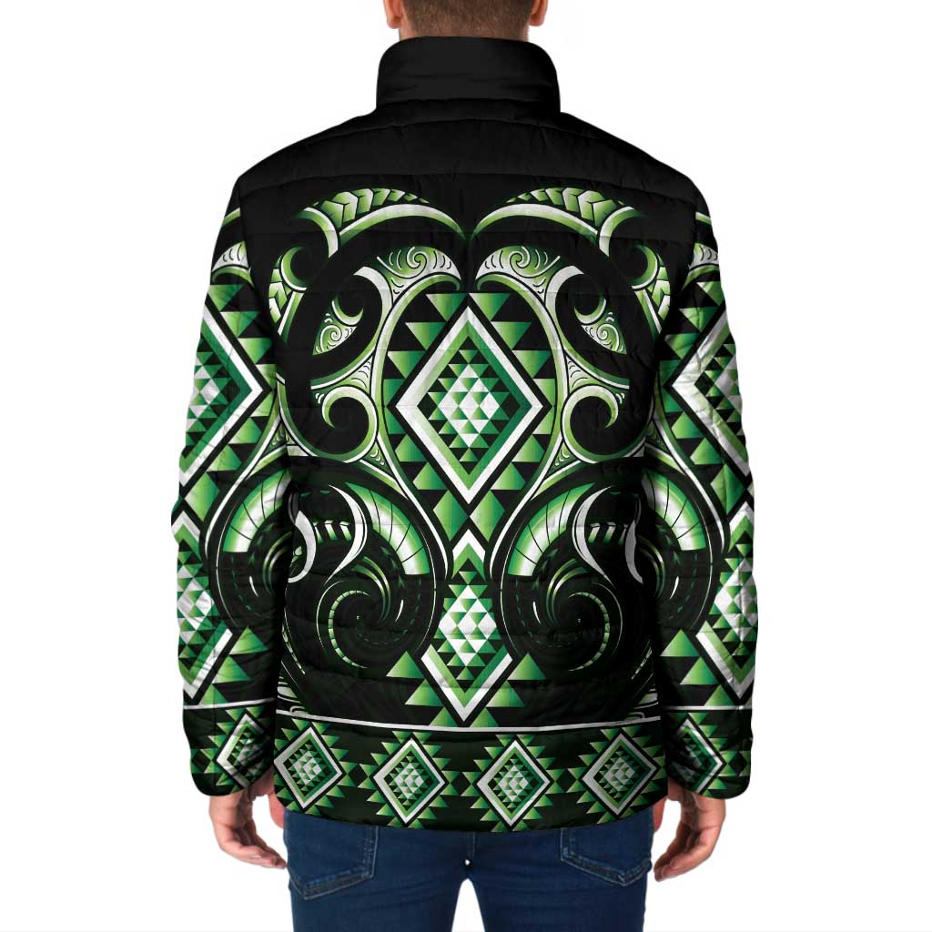 Green Ngaru Taniko With Aotearoa Maori Tattoo Padded Jacket - Aussie Hoodie