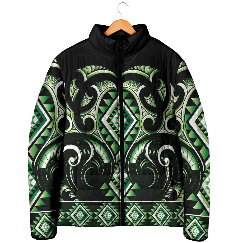 Green Ngaru Taniko With Aotearoa Maori Tattoo Padded Jacket - Aussie Hoodie