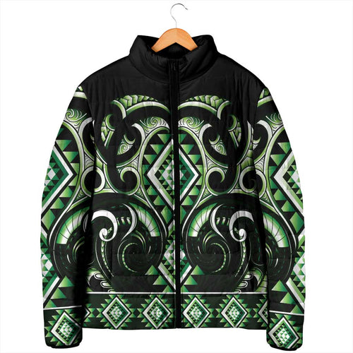 Green Ngaru Taniko With Aotearoa Maori Tattoo Padded Jacket - Aussie Hoodie