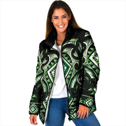 Green Ngaru Taniko With Aotearoa Maori Tattoo Padded Jacket - Aussie Hoodie