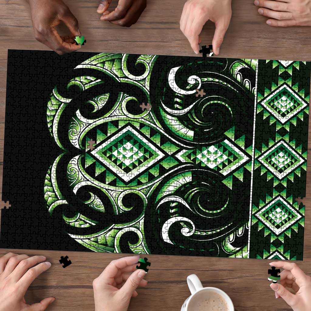 Green Ngaru Taniko With Aotearoa Maori Tattoo Puzzle - Aussie Hoodie