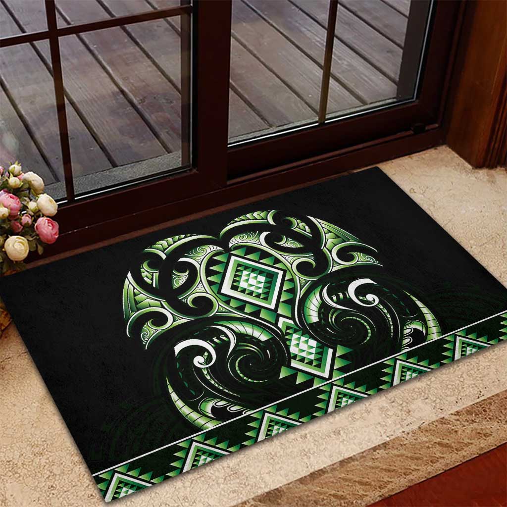 Green Ngaru Taniko With Aotearoa Maori Tattoo Rubber Doormat