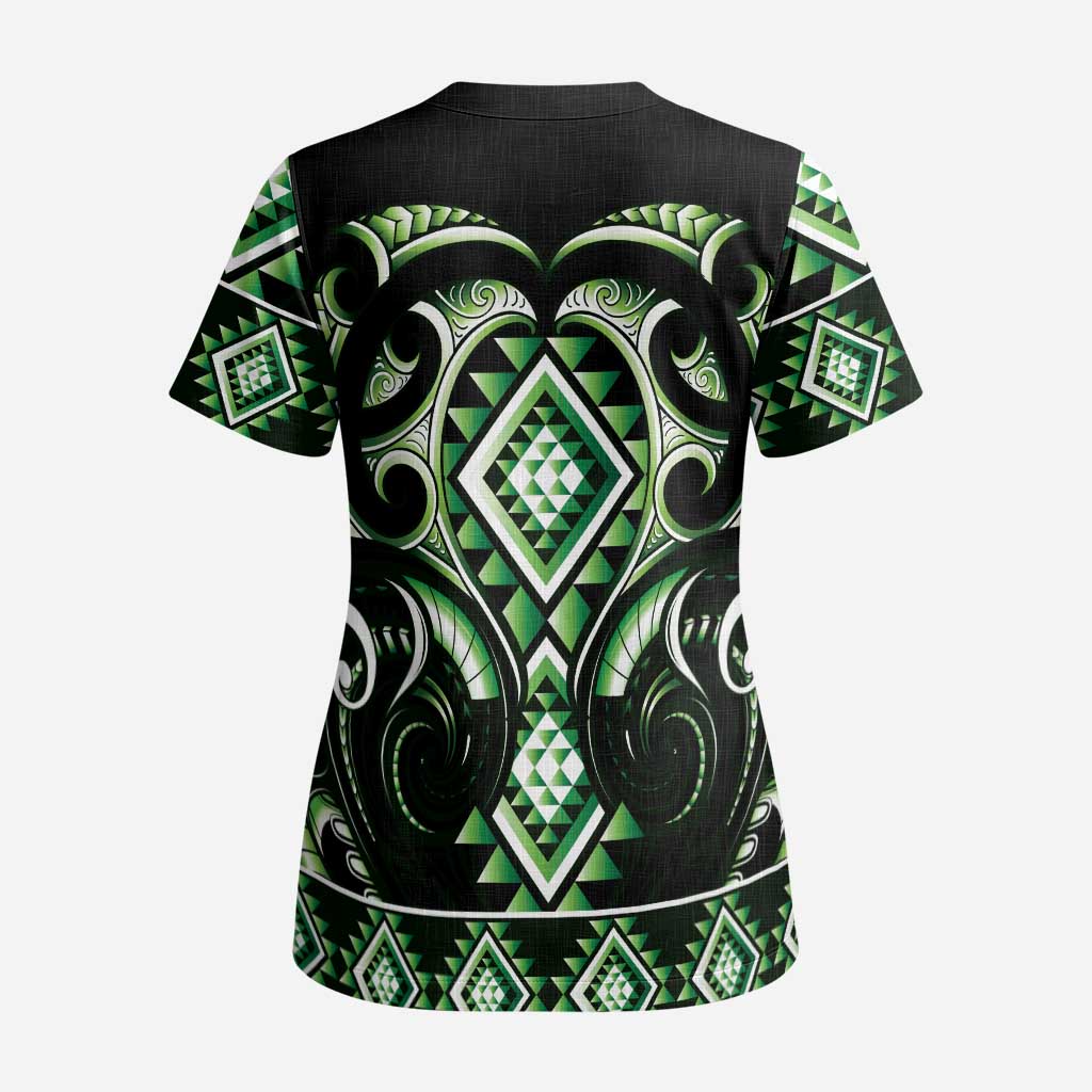 Green Ngaru Taniko With Aotearoa Maori Tattoo Scrub Top - Aussie Hoodie