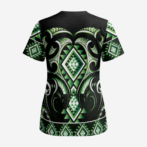 Green Ngaru Taniko With Aotearoa Maori Tattoo Scrub Top - Aussie Hoodie
