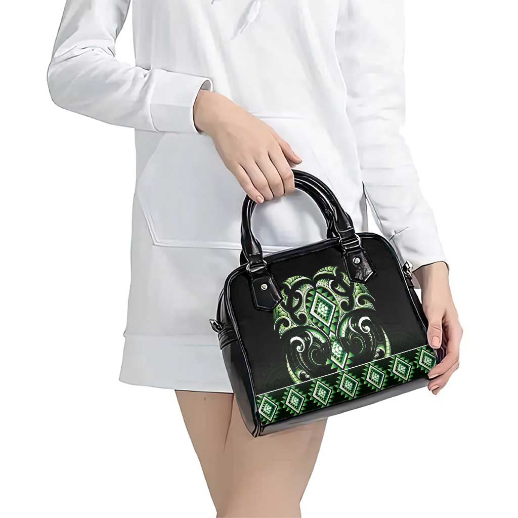 Green Ngaru Taniko With Aotearoa Maori Tattoo Shoulder Handbag