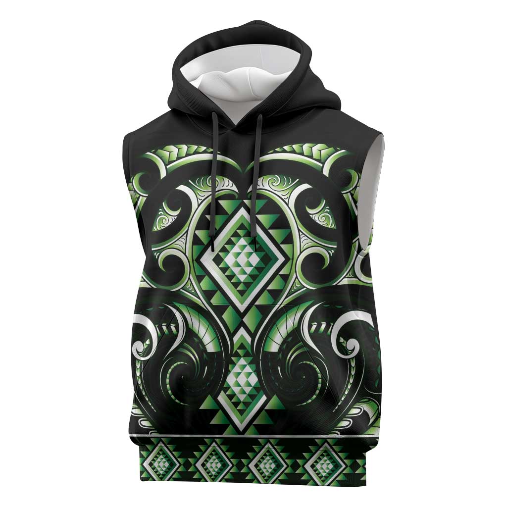 Green Ngaru Taniko With Aotearoa Maori Tattoo Sleeveless Hoodie - Aussie Hoodie