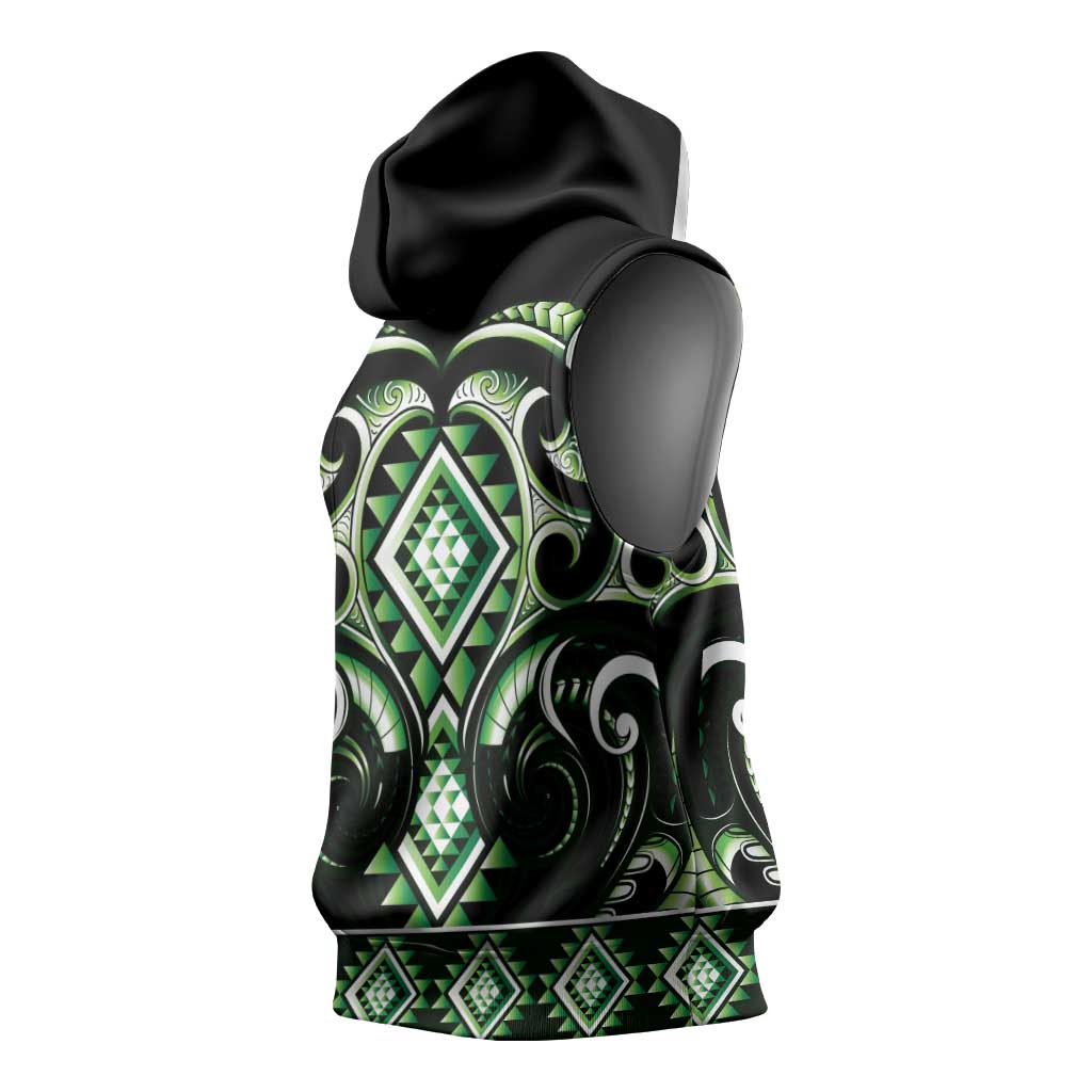 Green Ngaru Taniko With Aotearoa Maori Tattoo Sleeveless Hoodie - Aussie Hoodie