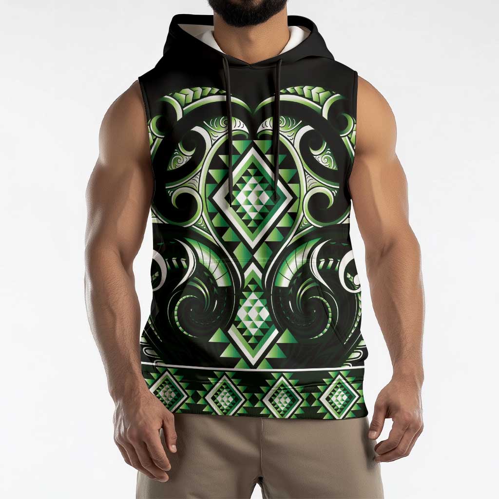 Green Ngaru Taniko With Aotearoa Maori Tattoo Sleeveless Hoodie - Aussie Hoodie